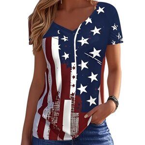 NWOT 4th of July Patriot American Flag Print V Neck Women's T-Shirt Small